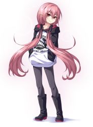Rule 34 | 1girl, boots, fang, full body, gradient background, hands in pockets, highres, hood, hoodie, knee boots, krul tepes, kyuutou (kyuutouryuu), long hair, owari no seraph, pantyhose, pink hair, pointy ears, red eyes, simple background, solo, standing, twintails