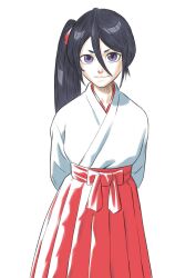 Rule 34 | 1girl, absurdres, alternate hairstyle, antonio malara, arms behind back, black hair, bleach, commentary, commission, cowboy shot, english commentary, hair between eyes, hakama, highres, japanese clothes, kuchiki rukia, long hair, miko, purple eyes, red hakama, second-party source, side ponytail, smile, solo