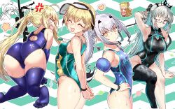 Rule 34 | 4girls, absurdres, ahoge, anger vein, artoria caster (fate), artoria caster (swimsuit) (fate), artoria caster (swimsuit) (first ascension) (fate), artoria pendragon (fate), ass, bare shoulders, blonde hair, blue eyes, blush, blush stickers, breasts, ebora, fate/grand order, fate (series), feet, forked eyebrows, gareth (fate), gareth (swimsuit saber) (fate), glasses, grey hair, highres, large breasts, long hair, looking at viewer, medium breasts, melusine (fate), melusine (swimsuit ruler) (fate), morgan le fay (fate), morgan le fay (water princess) (fate), multiple girls, neco-arc, one-piece swimsuit, open mouth, ponytail, short hair, single bare leg, single thighhigh, small breasts, smile, swimsuit, thighhighs, tiara, twintails, very long hair, white hair, yellow eyes