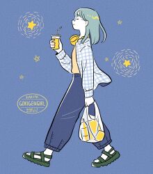 Rule 34 | 1girl, artist name, bag, blue background, blue hair, blue pants, blue shirt, blue theme, closed eyes, cup, dated, disposable cup, from side, gesooo 4, glasses, headphones, headphones around neck, highres, holding, holding bag, medium hair, original, pants, plaid, plaid shirt, profile, sandals, shirt, solo, walking, yellow shirt