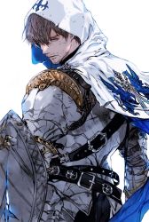 Rule 34 | 1boy, adventurer (ff14), armor, arms at sides, belt, blue eyes, breastplate, brown hair, cape, dirty, dirty clothes, facial hair, final fantasy, final fantasy xiv, gyulseu, harness, highres, hood, hood up, hooded cape, lips, male focus, mature male, paladin (final fantasy), parted lips, scratches, shield, short hair, shoulder armor, solo, stubble, sword, torn cape, torn clothes, warrior of light (ff1), warrior of light (ff14), weapon, white cape, white hood