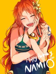 Rule 34 | 1girl, bangle, bikini, bikini top only, blush, bracelet, breasts, character name, head rest, cleavage, closed eyes, flower, hair flower, hair ornament, happy, happy birthday, jewelry, large breasts, laughing, log pose, long hair, nami (one piece), norimaki (seidan0611), one piece, orange hair, smile, solo, swimsuit, tattoo, yellow background