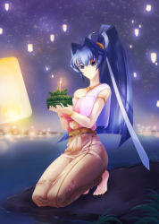 Rule 34 | 1girl, armlet, barefoot, blue eyes, blue hair, bracelet, breasts, cake, candle, dress, feet, female focus, food, haganef, hair intakes, highres, jewelry, kneeling, large breasts, long hair, mitsurugi meiya, muv-luv, necklace, solo, toes, traditional clothes, very long hair, water