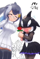 Rule 34 | 4girls, anchor symbol, animal ears, black dress, black hair, black pantyhose, blowhole, blue hair, blue whale (kemono friends), blush, bow, bowtie, caracal (kemono friends), cat ears, cat girl, cetacean tail, closed eyes, dorsal fin, dress, extra ears, fins, fish tail, flower, flying sweatdrops, frilled dress, frilled sleeves, frills, full-face blush, glasses, grey hair, grey thighhighs, hair between eyes, hair over eyes, headpat, height difference, high-waist skirt, kemono friends, long hair, long sleeves, mother&#039;s day, multicolored hair, multiple girls, open mouth, orca (kemono friends), pantyhose, rose, serval (kemono friends), short hair, sidelocks, skirt, smile, sweater, sweater dress, tail, tame (sld8zoczefz9aau), thighhighs, turtleneck, turtleneck sweater, two-tone dress, two-tone hair, whale girl, white dress, white hair, white sweater, zettai ryouiki