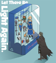 Rule 34 | 1boy, 1girl, arrow (symbol), black footwear, blonde hair, blue background, blue dress, bonnet, book, boots, brown bag, brown cape, cape, cardinal (ragnarok online), closed eyes, closed mouth, commentary, cross, dated commentary, dress, english text, faux figurine, flower, full body, gauntlets, gloves, golden wings, grey gloves, grey hair, grey pants, hat, high heels, holding, holding flower, isometric, long sleeves, medium bangs, medium hair, mitre, model kit, pants, rabbit, ragnarok online, recycling symbol, red flower, shadow cross (ragnarok online), shield, short hair, skull, smile, staff, standing, tape, tulip, yellow flower, z.i