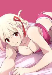 Rule 34 | 1girl, blonde hair, breasts, cleavage, closed mouth, collarbone, commentary request, dated, hair ribbon, highres, large breasts, looking at viewer, lycoris recoil, nii manabu, nishikigi chisato, panties, pink background, pink panties, red eyes, red ribbon, ribbon, short hair, signature, simple background, smile, solo, underwear