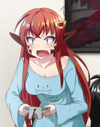 Rule 34 | 1girl, bad id, bad pixiv id, blue eyes, blue pajamas, blush, breasts, cleavage, controller, cowfee, cropped, embarrassed, fang, game controller, gamepad, hair ornament, hairclip, lamia, living room, long hair, medium breasts, miia (monster musume), monster girl, monster musume no iru nichijou, open mouth, pajamas, playing games, pointy ears, red hair, scales, surprised, third-party source, very long hair