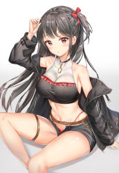 Rule 34 | 1girl, arm up, bare legs, bare shoulders, belt, black hair, black jacket, black shirt, black shorts, bow, braid, breasts, chain, collarbone, crop top, frilled shirt, frills, groin, hair bow, highleg, highres, jacket, kitin, large breasts, long hair, long sleeves, looking at viewer, micro shorts, midriff, navel, off shoulder, one side up, open clothes, open fly, open jacket, original, panties, panty peek, parted lips, red bow, red eyes, red panties, revision, shirt, shorts, sitting, sleeveless, sleeveless shirt, solo, stomach, taut clothes, taut shirt, thigh strap, thighs, underwear, very long hair, white background