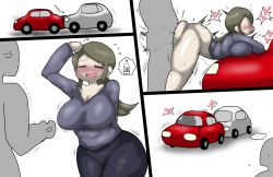 Rule 34 | ..., 1boy, 1girl, :o, alcohol, angry, arm behind back, arm up, ass, blush, breast press, breasts, brown hair, car, closed eyes, clothed female nude male, clothed sex, clothes, colored skin, drunk, enigi09, grey skin, heart, hetero, highres, huge ass, large breasts, long hair, looking at viewer, motor vehicle, nude, on vehicle, open mouth, original, ponytail, sex, sex from behind, speech bubble, vehicle
