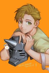 Rule 34 | 1boy, 2020, absurdres, alphonse elric, artist name, beige shirt, chinese commentary, closed mouth, commentary request, cropped torso, daisy, dated, fingernails, flower, fullmetal alchemist, happy, head rest, helmet, highres, leaf, light brown hair, light smile, looking at viewer, male focus, orange background, powerlesssong, shirt, short sleeves, simple background, tareme, white flower, yellow eyes