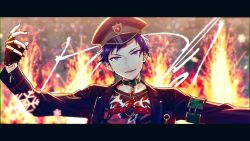 Rule 34 | 1boy, black gloves, blue hair, choker, commentary request, dark blue hair, ear chain, ensemble stars!, fingerless gloves, fingernails, fushimi yuzuru, gloves, harness, hat, highres, lapels, letterboxed, long sleeves, looking at viewer, lower teeth only, male focus, military hat, mole, mole under eye, nail polish, notched lapels, official alternate costume, open mouth, purple eyes, red nails, short bangs, short hair, snowflakes, solo, teeth, user vzxu4543, zipper, zipper pull tab