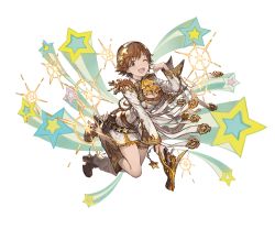 Rule 34 | 10s, 1girl, belt, boots, brown eyes, brown hair, center opening, detached sleeves, frills, full body, granblue fantasy, gun, hairband, holding, holding gun, holding weapon, honda mio, idolmaster, idolmaster cinderella girls, knee boots, long sleeves, looking at viewer, matching hair/eyes, minaba hideo, one eye closed, open mouth, short hair, skirt, smile, solo, sparkle, transparent background, weapon