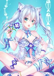 Rule 34 | 1girl, :o, animal ear fluff, animal ears, aqua eyes, babydoll, bare shoulders, blue background, blue bow, blue flower, bow, breasts, cat ears, cat girl, cat tail, choker, fang, fish bone, flower, frilled choker, frills, hair between eyes, halterneck, hand on own hip, highres, holding, holding flower, indian style, leg ribbon, lingerie, long hair, looking at viewer, nail polish, open mouth, original, panties, ribbon, sakura moyon, see-through, shoes, sidelocks, silver hair, sitting, small breasts, solo, tail, tongue, tongue out, twintails, underwear, underwear only, white panties