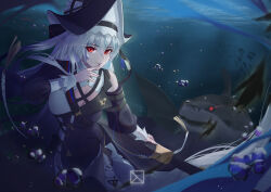 Rule 34 | 1girl, 6+others, absurdres, arknights, black dress, breasts, bubble, dress, hat, highres, in water, long hair, medium breasts, multiple others, njnywy, red eyes, shark, specter (arknights), water, weapon, white hair