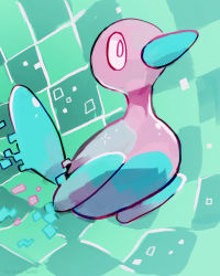 Rule 34 | animal, bird, checkered background, commentary, creature, creatures (company), cyberspace, duck, english commentary, full body, game freak, gen 2 pokemon, green background, grid, grid background, highres, looking away, nintendo, no humans, pixelated, pixels, pokemon, pokemon (creature), pokemon gsc, porygon2, profile, rinnai-rai, solo