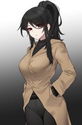 Rule 34 | 1girl, absurdres, black hair, black pants, black sweater, breasts, brown coat, buttons, coat, commentary request, eyes visible through hair, female focus, gradient background, grey background, hands in pockets, highres, k0ng, large breasts, layered sleeves, long hair, long sleeves, looking at viewer, original, pants, ponytail, red eyes, ribbed sweater, sidelocks, simple background, solo, standing, sweater