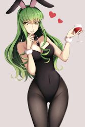 Rule 34 | 1girl, animal ears, black bow, black bowtie, black hairband, black leotard, black pantyhose, bow, bowtie, breasts, c.c., choker, cleavage, code geass, covered navel, cowboy shot, cup, drinking glass, fake animal ears, floating hair, green hair, grey background, hair between eyes, hairband, heart, highres, holding, holding cup, holding drinking glass, index finger raised, leotard, long hair, looking at viewer, lucky keai, medium breasts, pantyhose, playboy bunny, rabbit ears, red wine, simple background, sleeveless, solo, standing, strapless, strapless leotard, very long hair, wine glass, wrist cuffs, yellow eyes