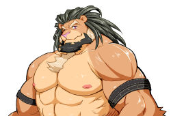 Rule 34 | 1boy, abs, animal ears, arsalan (housamo), artist request, bara, chest tuft, furry, furry male, highres, large pectorals, lion boy, lion ears, looking at viewer, male focus, mature male, medium hair, muscular, muscular male, nipples, nude, pectorals, smile, solo, strongman waist, thick eyebrows, tokyo houkago summoners, upper body