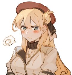 Rule 34 | 1girl, agnes claudel, beret, blonde hair, blue eyes, blush, breasts, coat, commentary, dog tags, english commentary, hair between eyes, hair bun, hat, kai no kiseki, leorlontyan, long hair, medium breasts, portrait, pout, red hat, simple background, single hair bun, solo, speech bubble, upper body, white background