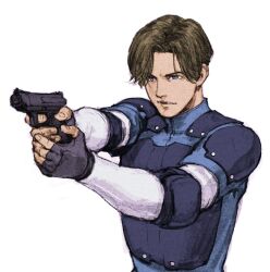 Rule 34 | 1boy, blue eyes, brown hair, commentary request, gun, handgun, holding, holding gun, holding weapon, iwamoto tatsurou, leon s. kennedy, male focus, parted lips, police, police uniform, resident evil, resident evil 2, short hair, simple background, solo, uniform, upper body, vest, weapon, white background