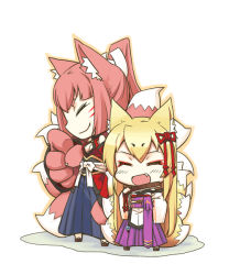Rule 34 | 2girls, :d, animal ear fluff, animal ears, blonde hair, blush, chibi, closed eyes, fang, fox ears, fox tail, mon-musu quest!, monster girl, multiple girls, multiple tails, open mouth, pink hair, simple background, smile, tail, tamamo (mon-musu quest!), yao (mon-musu quest!)