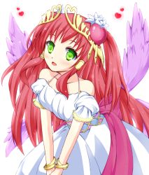Rule 34 | 1girl, bare shoulders, blush, bow, breasts, cleavage, collarbone, detached sleeves, dress, feathered wings, green eyes, hair ornament, hair tubes, heart, heart hair ornament, jewelry, long hair, lots of jewelry, multiple wings, open mouth, pink bow, puffy short sleeves, puffy sleeves, purple wings, puzzle &amp; dragons, red hair, sash, short sleeves, simple background, smile, solo, tiara, twintails, venus (p&amp;d), white background, white dress, wings, yua (togemaru)