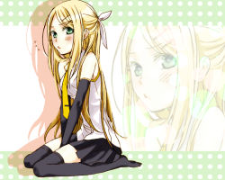 Rule 34 | 1girl, alternate hairstyle, blonde hair, blush, detached sleeves, female focus, future style (module), kagamine rin, long hair, seiza, sitting, skirt, solo, thighhighs, vocaloid, wara (343587aa), zoom layer