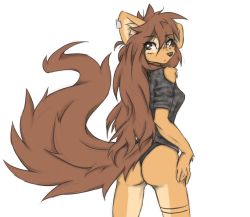 Rule 34 | 1girl, animal ears, apogee (tinygaypirate), brown hair, brown tail, from behind, furry, highres, looking at viewer, solo, standing, tinygaypirate, white background