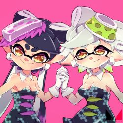 Rule 34 | + +, 2girls, artist logo, black dress, black hair, black jumpsuit, breasts, brown eyes, callie (splatoon), chichi band, cleavage, closed mouth, collar, commentary, cousins, detached collar, dress, earrings, food, food on head, gloves, gradient hair, green hair, grey hair, jewelry, jumpsuit, long hair, looking at viewer, marie (splatoon), medium breasts, mole, mole under eye, multicolored hair, multiple girls, nintendo, object on head, pink background, pointy ears, purple hair, short dress, short hair, small breasts, smile, splatoon (series), splatoon 1, standing, strapless, strapless dress, sushi, tentacle hair, white collar, white gloves