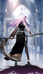 Rule 34 | 1girl, ass, black dress, black nails, black thighhighs, blurry, blurry background, detached sleeves, dress, from behind, high heels, highres, holding, holding scythe, hololive, hololive english, itoyoshi ryouichi, long hair, mori calliope, mori calliope (1st costume), pink eyes, pink hair, scythe, single detached sleeve, thighhighs, tiara, veil, virtual youtuber