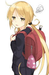 Rule 34 | 10s, 1girl, backpack, bag, black serafuku, black skirt, blonde hair, cowboy shot, flute, instrument, kantai collection, long sleeves, looking at viewer, low twintails, max melon, pleated skirt, pouch, randoseru, recorder, satsuki (kancolle), school uniform, serafuku, simple background, skirt, solo, squiggle, twintails, white background, yellow eyes