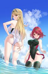 Rule 34 | 2girls, adjusting clothes, adjusting swimsuit, ass, bare arms, bare shoulders, black one-piece swimsuit, black thighhighs, blonde hair, blue sky, blush, breasts, brown eyes, cliff, closed mouth, cloud, competition swimsuit, covered navel, day, groin, headpiece, highres, impossible clothes, impossible swimsuit, jewelry, large breasts, long hair, looking at viewer, looking back, matrix16, multiple girls, mythra (radiant beach) (xenoblade), mythra (xenoblade), neon trim, official alternate costume, one-piece swimsuit, outdoors, pyra (pro swimmer) (xenoblade), pyra (xenoblade), red hair, short hair, sky, smile, sweat, swept bangs, swimsuit, thigh strap, thighhighs, thighs, tiara, very long hair, wading, water, xenoblade chronicles (series), xenoblade chronicles 2, yellow eyes