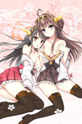 Rule 34 | 10s, 2girls, ahoge, black hair, blush, boots, breasts, brown eyes, brown hair, cleavage, detached sleeves, gunp, hairband, haruna (kancolle), japanese clothes, kantai collection, kongou (kancolle), large breasts, long hair, looking at viewer, miniskirt, multiple girls, nontraditional miko, off shoulder, personification, pleated skirt, purple eyes, skirt, smile, thigh boots, thighhighs, wide sleeves, zettai ryouiki
