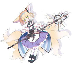 Rule 34 | 1girl, absurdres, animal ears, arknights, bare shoulders, black collar, black footwear, blonde hair, blue hairband, braid, collar, commentary, dress, earpiece, extra ears, fox ears, fox girl, fox tail, full body, green eyes, hairband, highres, holding, holding staff, id card, infection monitor (arknights), kitsune, kyuubi, looking at viewer, multicolored hair, multiple tails, pantyhose, shadow, shoes, short hair, simple background, smile, solo, staff, streaked hair, suzuran (arknights), tail, white background, white dress, white hair, white pantyhose, yiyizi