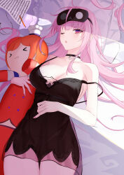 Rule 34 | 1girl, absurdres, bed, bed sheet, bedroom, black choker, blanket, breasts, character doll, chef hat, choker, doll, hugging doll, hat, highres, holding, holding doll, hololive, hololive english, implied yuri, indoors, jiang ye kiri, large breasts, long hair, lying, messy hair, mori calliope, mori calliope (sleepwear), nightgown, hugging object, on back, on bed, pillow, pink hair, red eyes, solo, stuffed toy, takanashi kiara, underwear, virtual youtuber