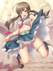 Rule 34 | 1girl, :d, blue sailor collar, bracelet, breasts, brown eyes, brown hair, full body, green eyes, heterochromia, jewelry, jumping, long hair, looking at viewer, medium breasts, necktie, open mouth, original, panties, pantyshot, red necktie, sailor collar, sasaame, shiny skin, skirt, skirt hold, smile, solo, twintails, underwear, upskirt, wrist cuffs