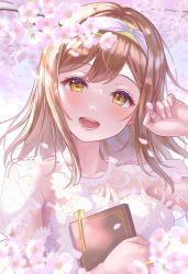 Rule 34 | 1girl, artist name, artist request, blush, book, breasts, brown eyes, brown hair, close-up, dress, female focus, floral print, flower, frilled sleeves, frills, hair between eyes, hairband, highres, holding, holding book, kunikida hanamaru, light brown hair, long hair, looking at viewer, love live!, love live! school idol festival, love live! sunshine!!, nail, nail polish, outdoors, parted lips, pink nails, plaid, plaid dress, pleated, pleated dress, puffy short sleeves, puffy sleeves, short sleeves, smile, solo, upper body, white dress, white flower, white hairband, yellow eyes, yellow hairband