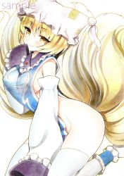 Rule 34 | 1girl, animal ears, arm support, armpits, blonde hair, breasts, cat ears, covered erect nipples, detached sleeves, fox ears, fox tail, hand to own mouth, hat, kneeling, large breasts, looking at viewer, mugicha (mugicha0929), multiple tails, naked tabard, sample watermark, short hair, sideboob, smile, solo, tabard, tail, thighhighs, thighs, touhou, watermark, wide sleeves, yakumo ran, yellow eyes