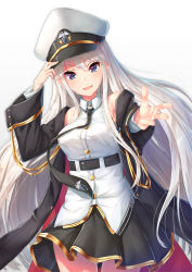 Rule 34 | 1girl, azur lane, bare shoulders, belt, black necktie, blush, breasts, buttons, clothes writing, collared shirt, cowboy shot, enterprise (azur lane), floating hair, grey background, hair between eyes, hand on headwear, hat, highres, large breasts, long hair, looking at viewer, miniskirt, necktie, open mouth, peaked cap, pensuke, purple eyes, reaching, reaching towards viewer, shirt, sidelocks, silver hair, simple background, skirt, sleeveless, sleeveless shirt, smile, solo, thighhighs, very long hair, white shirt, wind, wind lift