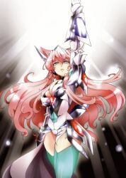 Rule 34 | 1girl, armor, breasts, cleavage, green eyes, hair between eyes, hand up, large breasts, long hair, maria cadenzavna eve, open mouth, pink hair, power armor, senki zesshou symphogear, simple background, solo, suga leon, thighhighs