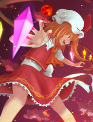 Rule 34 | 1girl, absurdres, ascot, back bow, bow, collared shirt, fang, feet out of frame, fingernails, flandre scarlet, foreshortening, frilled shirt collar, frilled skirt, frills, full moon, glowing, glowing eye, glowing wings, hat, hat ribbon, highres, mendou jun, mob cap, moon, multicolored wings, nail polish, open mouth, orange ascot, outdoors, puffy short sleeves, puffy sleeves, red eyes, red moon, red nails, red ribbon, red skirt, red sky, red theme, red vest, ribbon, sharp fingernails, shirt, short sleeves, skirt, sky, solo, touhou, vest, white bow, white hat, white shirt, wings