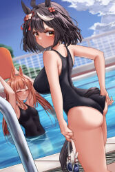 Rule 34 | 2girls, absurdres, adjusting clothes, adjusting swimsuit, ahoge, alternate costume, animal ears, ass, black hair, black one-piece swimsuit, blue sky, blurry, blurry background, blush, breasts, closed mouth, clothes pull, clothing cutout, cloud, cloudy sky, commentary request, cowboy shot, from behind, hair between eyes, hair rings, highres, horse ears, horse girl, horse tail, kitasan black (umamusume), long hair, looking at viewer, looking back, medium breasts, multicolored hair, multiple girls, one-piece swimsuit, one-piece swimsuit pull, outdoors, partially submerged, pool, red eyes, short hair, sky, small breasts, streaked hair, sweep tosho (umamusume), swim goggles, swimsuit, tabunshake, tail, tail through clothes, umamusume, wedgie, white hair
