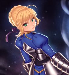 Rule 34 | 1girl, ahoge, armor, armored dress, artoria pendragon (fate), bad id, bad pixiv id, blonde hair, dress, fate/stay night, fate (series), green eyes, hair ribbon, highres, looking at viewer, ribbon, saber (fate), seeker (shzyu), solo