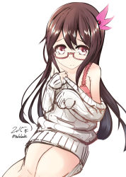Rule 34 | 10s, 1girl, bad id, bad pixiv id, bra, glasses, hair ornament, kantai collection, kisaragi (kancolle), looking at viewer, nekobaka, purple eyes, ribbed sweater, solo, sweater, underwear