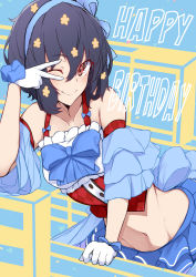 Rule 34 | 1girl, ;), absurdres, arm support, black hair, blue ribbon, blue skirt, blue sleeves, camisole, commentary, detached sleeves, double horizontal stripe, english text, flower, frilled skirt, frills, gloves, groin, hair flower, hair ornament, hair ribbon, happy birthday, highres, idol, layered skirt, layered sleeves, leaning to the side, looking at viewer, midriff, mizuno ai, nanakaku, navel, one eye closed, red eyes, red shirt, ribbon, shirt, short hair, skirt, smile, solo, white gloves, zombie land saga