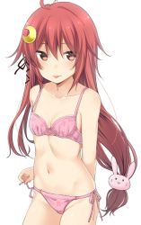 Rule 34 | 1girl, :p, ahoge, arm behind back, bra, breasts, cleavage, cowboy shot, crescent, crescent hair ornament, hair ornament, hair ribbon, kantai collection, long hair, looking at viewer, low-tied long hair, nagami yuu, navel, panties, pink bra, pink eyes, pink hair, pink panties, ribbon, side-tie panties, simple background, small breasts, solo, tongue, tongue out, tress ribbon, underwear, underwear only, uzuki (kancolle), very long hair, white background