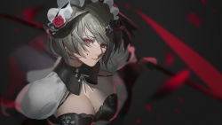 Rule 34 | 1girl, blurry, blurry background, breasts, cleavage, closed mouth, dress, flower, honkai (series), honkai impact 3rd, horns, large breasts, looking at viewer, maid, maid headdress, red eyes, red flower, reido (reido c), rita rossweisse, rose, short hair, solo