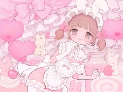Rule 34 | 1girl, :d, ame usako, animal, animal ears, apron, blush, bow, brown eyes, brown hair, candy, commentary request, earrings, food, frilled apron, frilled shorts, frills, gloves, hair bow, heart, heart earrings, jewelry, leaning to the side, lollipop, long sleeves, looking at viewer, open mouth, original, pink bow, pink shirt, pink shorts, rabbit, rabbit ears, rabbit girl, rabbit tail, shirt, short shorts, shorts, sidelocks, smile, solo, swirl lollipop, tail, twintails, waist apron, white apron, white gloves