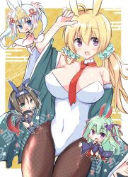 Rule 34 | 2023, 4girls, @ @, ahoge, animal ears, aqua scrunchie, bare shoulders, between breasts, black hair, black leotard, black scarf, blonde hair, blue eyes, blush, breasts, butterfly hair ornament, chestnut mouth, chibi, chibi inset, chinese zodiac, choker, cleavage, commentary request, covered navel, cross-laced footwear, detached sleeves, egasumi, embarrassed, eyelashes, fishnet pantyhose, fishnets, floral print, flower, forehead protector, green eyes, green hair, green sleeves, hair between eyes, hair flower, hair ornament, hair over shoulder, hair ribbon, hair scrunchie, happy new year, highres, hime cut, hitachi mako, index finger raised, large breasts, lena liechtenauer, leotard, long hair, looking at viewer, multiple girls, murasame (senren), necktie, necktie between breasts, new year, open mouth, pantyhose, playboy bunny, purple eyes, rabbit ears, red necktie, red ribbon, ribbon, scarf, scrunchie, senren banka, short hair, sidelocks, signature, simple background, sleeves past wrists, smile, solo focus, standing, thigh gap, thighhighs, thighs, tomotake yoshino, twintails, two side up, usetsuhanten, wavy mouth, white choker, white hair, white leotard, white sleeves, white thighhighs, wide sleeves, year of the rabbit, yellow background
