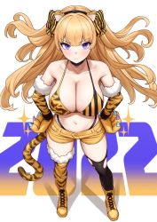 Rule 34 | 1girl, 2022, animal ears, animal hands, animal print, bikini, black choker, blonde hair, blue eyes, boots, breasts, chinese zodiac, choker, collarbone, commentary, fake animal ears, full body, gloves, hands on own hips, highres, large breasts, lina (michihasu), long hair, michihasu, mismatched bikini, multicolored eyes, navel, original, paw gloves, print bikini, purple eyes, shorts, simple background, solo, standing, striped bikini, striped clothes, swimsuit, symbol-only commentary, tiger ears, tiger print, two side up, vertical-striped bikini, vertical-striped clothes, white background, year of the tiger, yellow footwear, yellow shorts